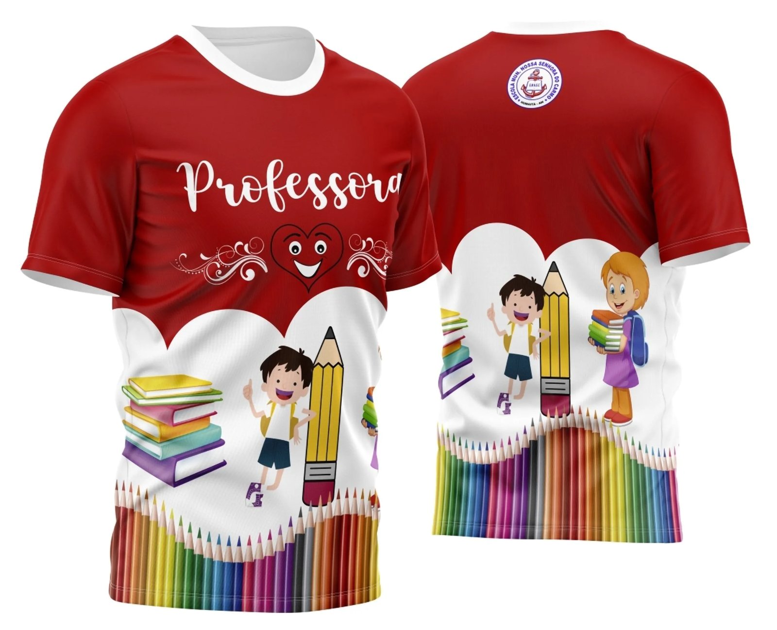 A imagem apresenta a Arte Camisa Professora | Crianças | Lápis | Vermelha, com a figura de uma professora rodeada por crianças, segurando um lápis vermelho, em um fundo branco.