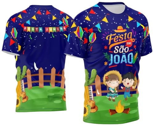Camiseta unissex branca com logo no peito e estampa grande nas costas com tema Festa Junina Arraiá 2025, ideal para celebrar com estilo e tradição.