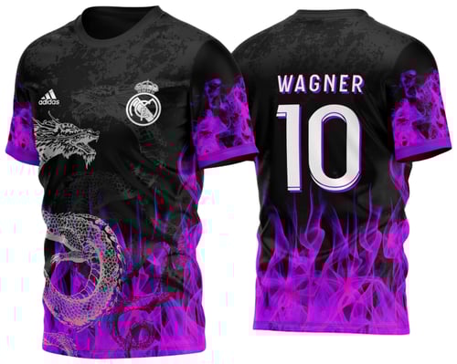 Arte Vetor Camisa de Interclasse Dragão com Fogo Roxo