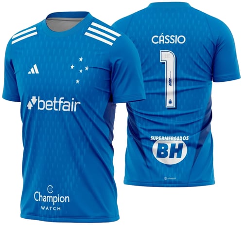 Camiseta unissex preta com logo no peito e estampa grande nas costas temática da camisa do Cruzeiro goleiro 2023 - 2024, mostrando design moderno e marcante para torcedores.