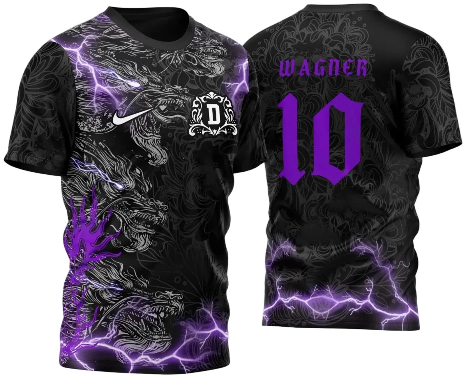 Arte Vetor Camisa Duplo Dragão Caveiras e Raios Roxa