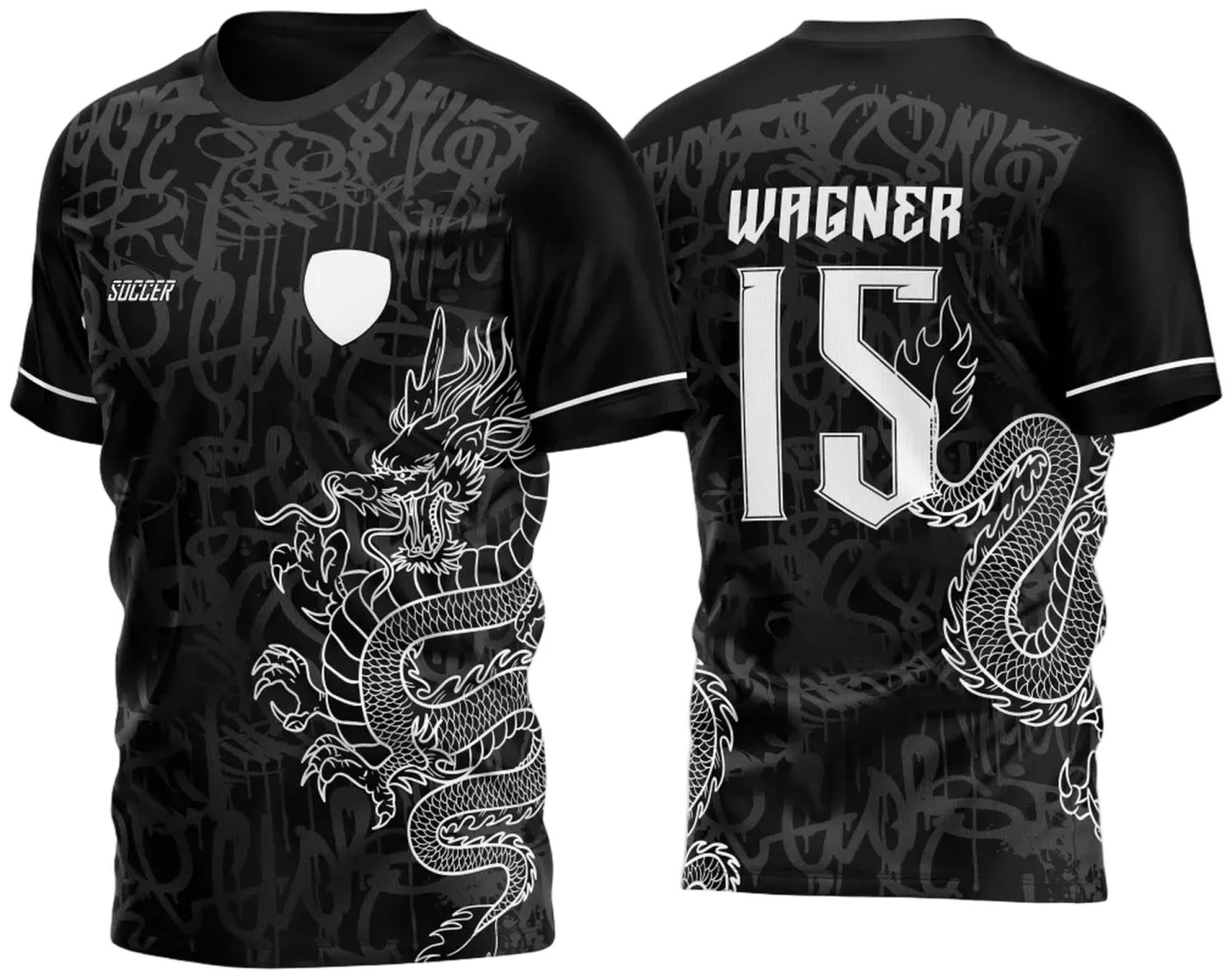 Arte Vetor Camisa InterClasse Dragão 2023. Estampa de camisa de interclasse em preto, destacando um dragão oriental e o número 10. Design moderno com texturas escuras e linhas vibrantes, ideal para times de futebol escolar.