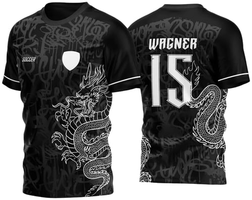 Arte Vetor Camisa InterClasse Dragão 2023. Estampa de camisa de interclasse em preto, destacando um dragão oriental e o número 10. Design moderno com texturas escuras e linhas vibrantes, ideal para times de futebol escolar.