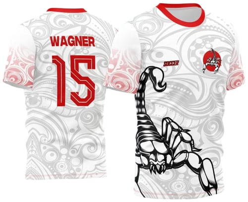 Camiseta unissex preta com logo no peito e estampa grande nas costas destacando o signo Escorpião, ideal para Jogos Internos 2024, estilo competitivo e vibrante.