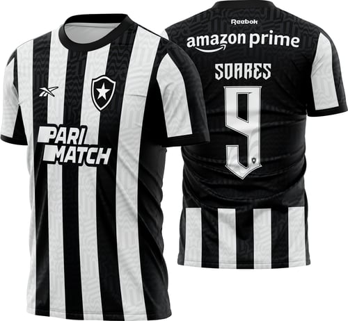 Camiseta unissex preta com logo no peito e estampa grande nas costas temática da Camisa Titular Reebok Botafogo 2023-24, ideal para torcedores e fãs do clube.
