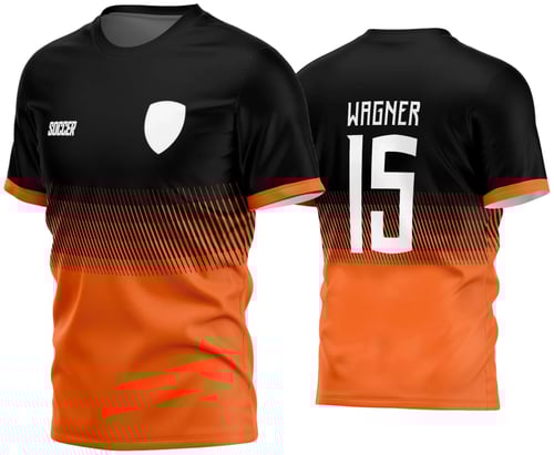 Camisa de futebol amador com logo no peito e estampa grande nas costas em destaque, apresentando design moderno e cores vibrantes para jogos e treinos.