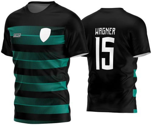 Imagem de camisa de futebol amador com logo no peito e estampa grande nas costas exibindo design moderno e atraente em cores vibrantes, perfeita para times que desejam destaque e identidade única.