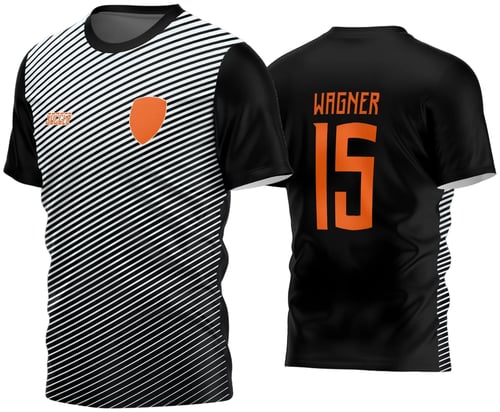 Camisa de futebol amador com logo no peito e estampa grande nas costas, em estilo moderno e cores vibrantes para equipes 2024.