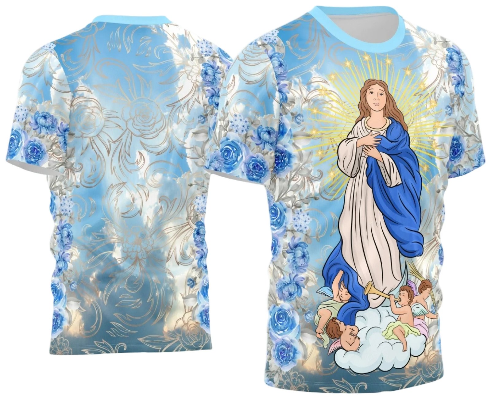 A imagem apresenta a arte digital personalizada Camisa Nossa Senhora Imaculada Conceição Sublimação em alta qualidade. A arte apresenta um design exclusivo com elementos gráficos religiosos e a inscrição Nossa Senhora Imaculada Conceição Vetor Desenho