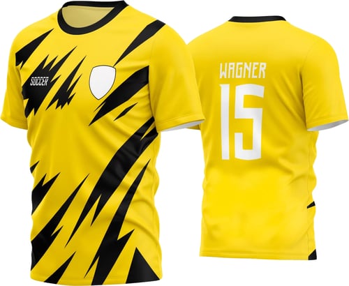 Camisa de futebol amador com logo no peito e estampa grande nas costas destacando design moderno e vibrante, ideal para times que buscam identidade única em campo.