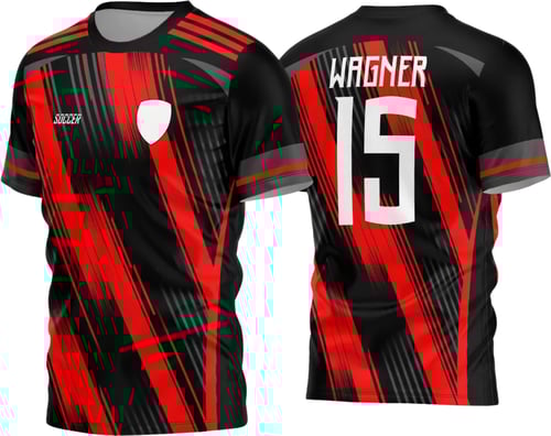 Foto da camisa de futebol amador 2024 com logo no peito e estampa grande nas costas, apresentando design moderno e cores vibrantes que destacam o time em campo.