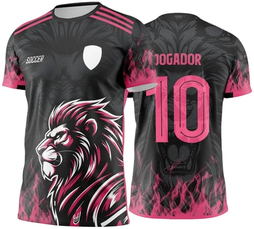 Camisa personalizada para sublimação com design de leão - Arte esportiva para jogos internos - Estampa preta e rosa - Arquivo em CorelDRAW X7 - Disponível para download em janeteartes.com