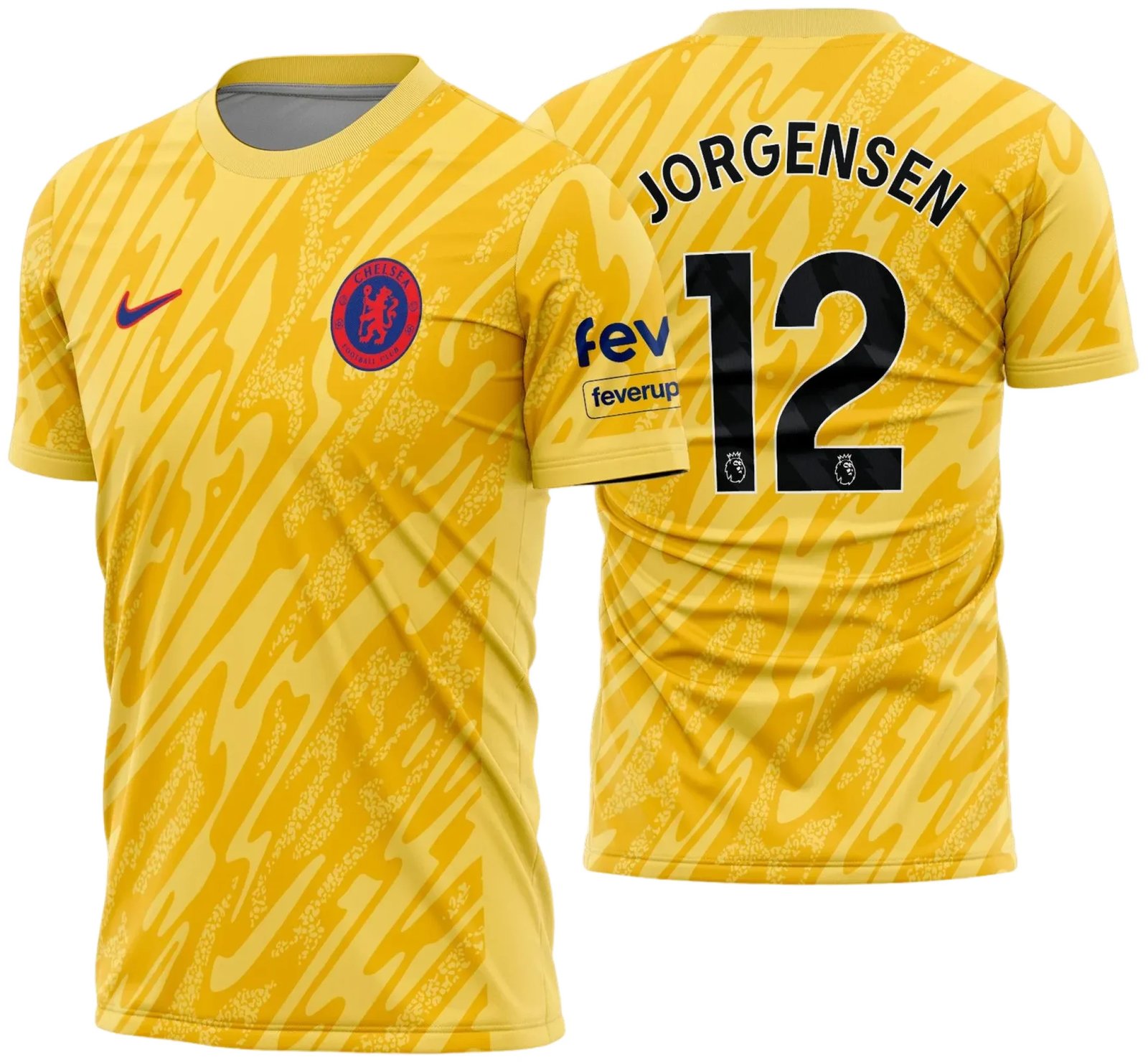 Uniforme de futebol personalizado, projetado para times amadores ou profissionais, com design moderno e arrojado. Apresenta uma combinação de cores contrastantes, logotipo ou escudo do time em destaque no peito, e detalhes gráficos na frente e nas mangas. Na parte traseira, há espaço para personalização com nome e número do jogador, garantindo identidade ao time. Ideal para jogos oficiais, amistosos ou competições, oferecendo estilo e funcionalidade.