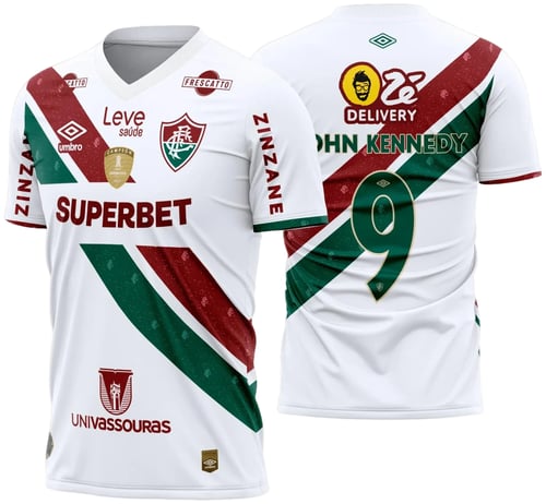 Uniforme de futebol personalizado, projetado para times amadores ou profissionais, com design moderno e arrojado. Apresenta uma combinação de cores contrastantes, logotipo ou escudo do time em destaque no peito, e detalhes gráficos na frente e nas mangas. Na parte traseira, há espaço para personalização com nome e número do jogador, garantindo identidade ao time. Ideal para jogos oficiais, amistosos ou competições, oferecendo estilo e funcionalidade.