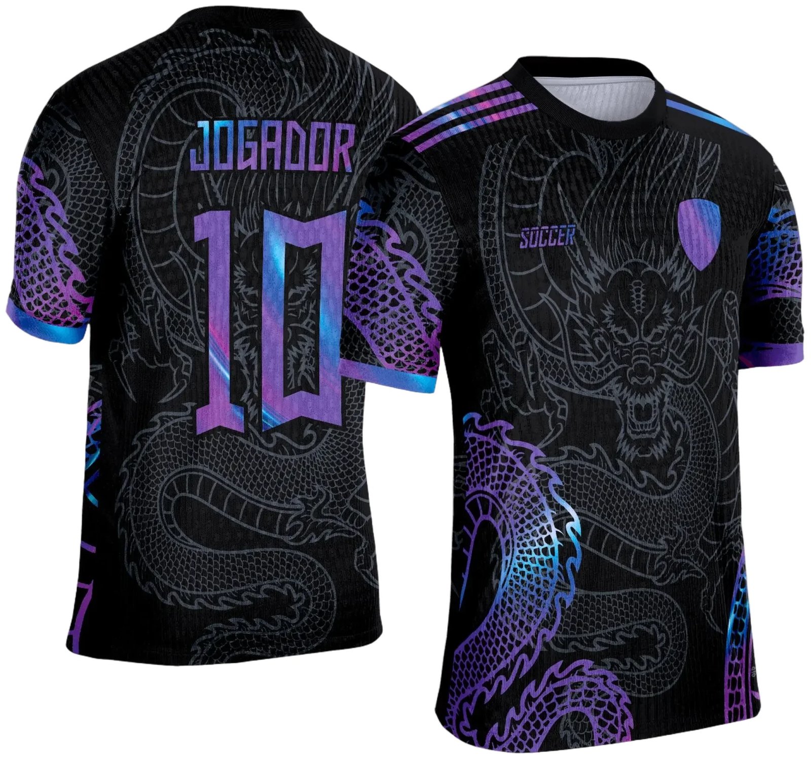 Camisa esportiva personalizada com design exclusivo, apresentando uma estampa gráfica detalhada na parte frontal, incorporando elementos artísticos como animais ou símbolos. O modelo inclui cores vibrantes e contrastantes, com detalhes adicionais como textos estilizados em diferentes idiomas. Na parte traseira, estão disponíveis personalizações com nome e número em destaque. Perfeita para jogos de interclasse, times amadores ou eventos esportivos personalizados.