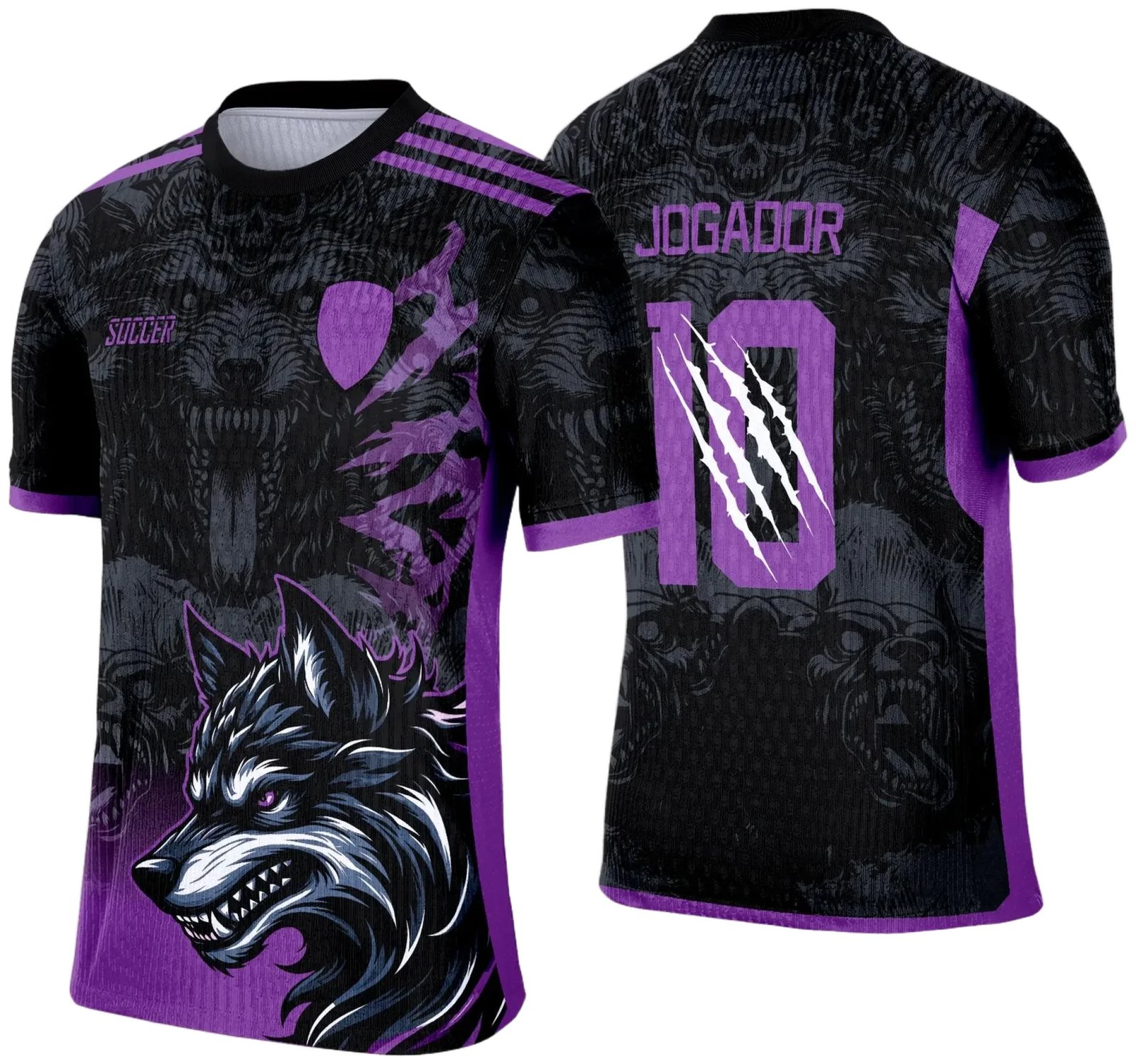 Camisa esportiva personalizada com design exclusivo, apresentando uma estampa gráfica detalhada na parte frontal, incorporando elementos artísticos como animais ou símbolos. O modelo inclui cores vibrantes e contrastantes, com detalhes adicionais como textos estilizados em diferentes idiomas. Na parte traseira, estão disponíveis personalizações com nome e número em destaque. Perfeita para jogos de interclasse, times amadores ou eventos esportivos personalizados.