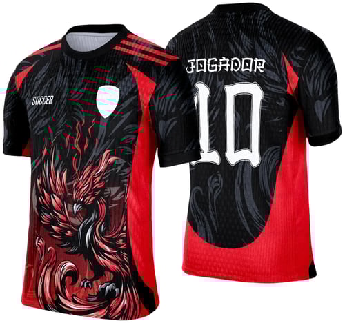 Camisa esportiva personalizada com design exclusivo, apresentando uma estampa gráfica detalhada na parte frontal, incorporando elementos artísticos como animais ou símbolos. O modelo inclui cores vibrantes e contrastantes, com detalhes adicionais como textos estilizados em diferentes idiomas. Na parte traseira, estão disponíveis personalizações com nome e número em destaque. Perfeita para jogos de interclasse, times amadores ou eventos esportivos personalizados.