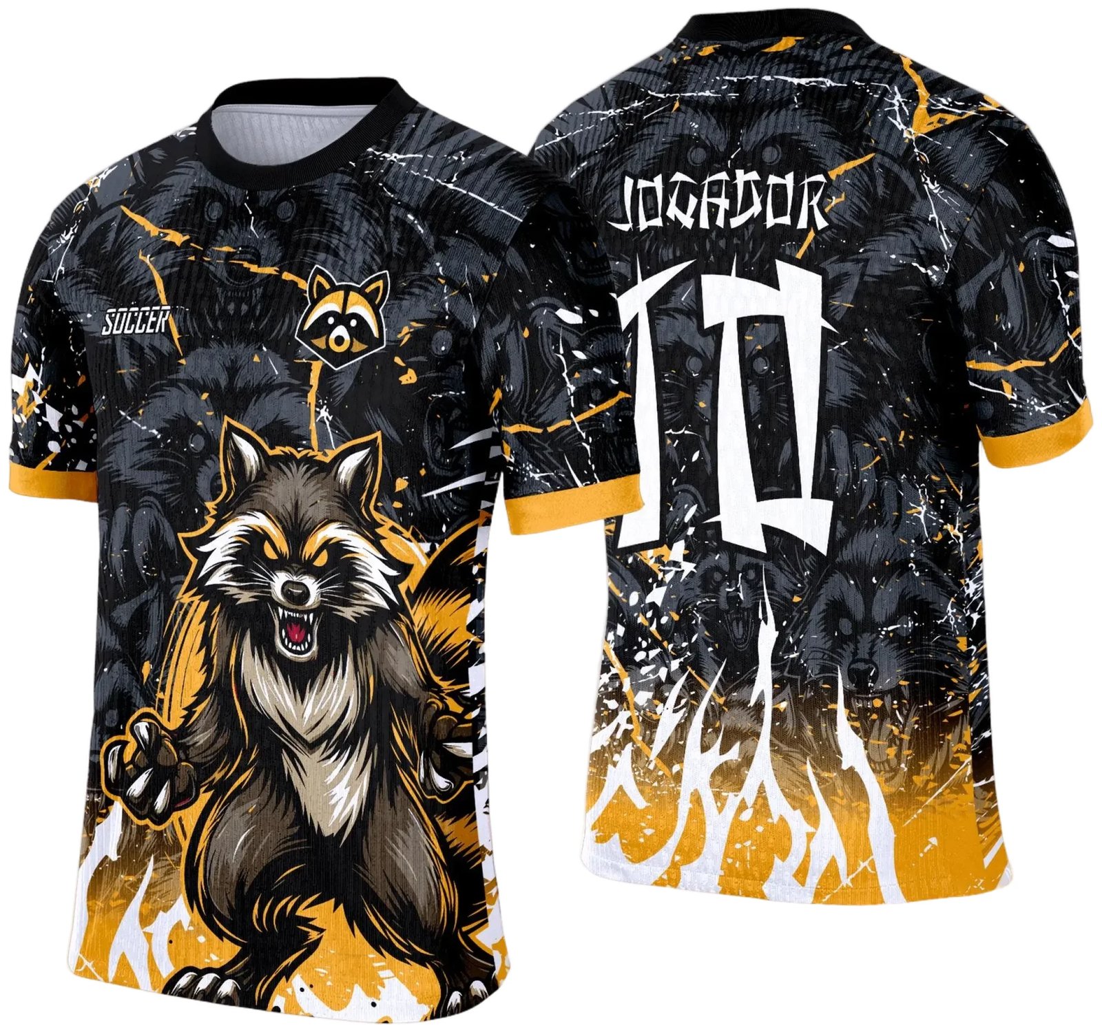 Camisa esportiva personalizada com design exclusivo, apresentando uma estampa gráfica detalhada na parte frontal, incorporando elementos artísticos como animais ou símbolos. O modelo inclui cores vibrantes e contrastantes, com detalhes adicionais como textos estilizados em diferentes idiomas. Na parte traseira, estão disponíveis personalizações com nome e número em destaque. Perfeita para jogos de interclasse, times amadores ou eventos esportivos personalizados.
