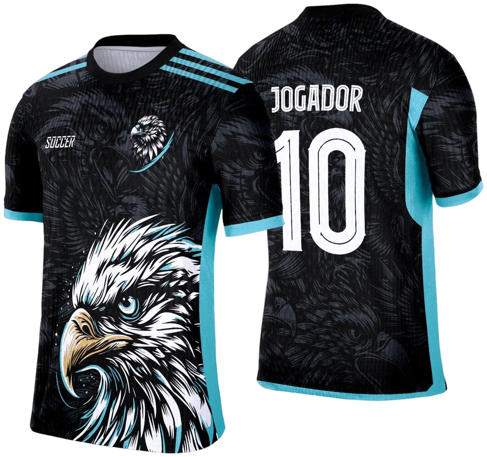 Camisa esportiva personalizada com design exclusivo, apresentando uma estampa gráfica detalhada na parte frontal, incorporando elementos artísticos como animais ou símbolos. O modelo inclui cores vibrantes e contrastantes, com detalhes adicionais como textos estilizados em diferentes idiomas. Na parte traseira, estão disponíveis personalizações com nome e número em destaque. Perfeita para jogos de interclasse, times amadores ou eventos esportivos personalizados.