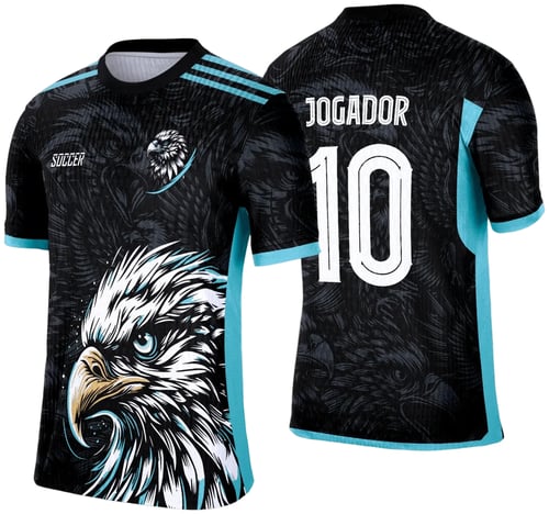 Camisa esportiva personalizada com design exclusivo, apresentando uma estampa gráfica detalhada na parte frontal, incorporando elementos artísticos como animais ou símbolos. O modelo inclui cores vibrantes e contrastantes, com detalhes adicionais como textos estilizados em diferentes idiomas. Na parte traseira, estão disponíveis personalizações com nome e número em destaque. Perfeita para jogos de interclasse, times amadores ou eventos esportivos personalizados.