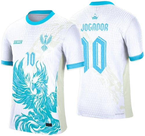 Camisa esportiva personalizada com design exclusivo, apresentando uma estampa gráfica detalhada na parte frontal, incorporando elementos artísticos como animais ou símbolos. O modelo inclui cores vibrantes e contrastantes, com detalhes adicionais como textos estilizados em diferentes idiomas. Na parte traseira, estão disponíveis personalizações com nome e número em destaque. Perfeita para jogos de interclasse, times amadores ou eventos esportivos personalizados.