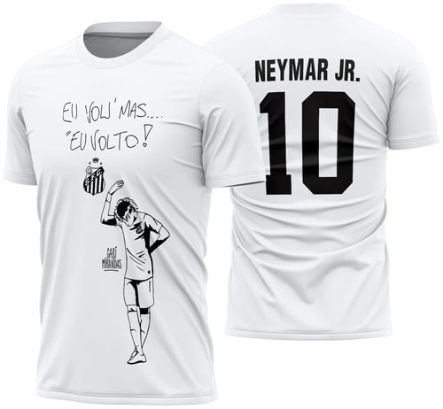 Camiseta unissex preta com logo no peito e estampa grande nas costas com tema Santos Neymar Jr Eu Vou Mas Eu Volto, design moderno e estilo marcante para torcedores.