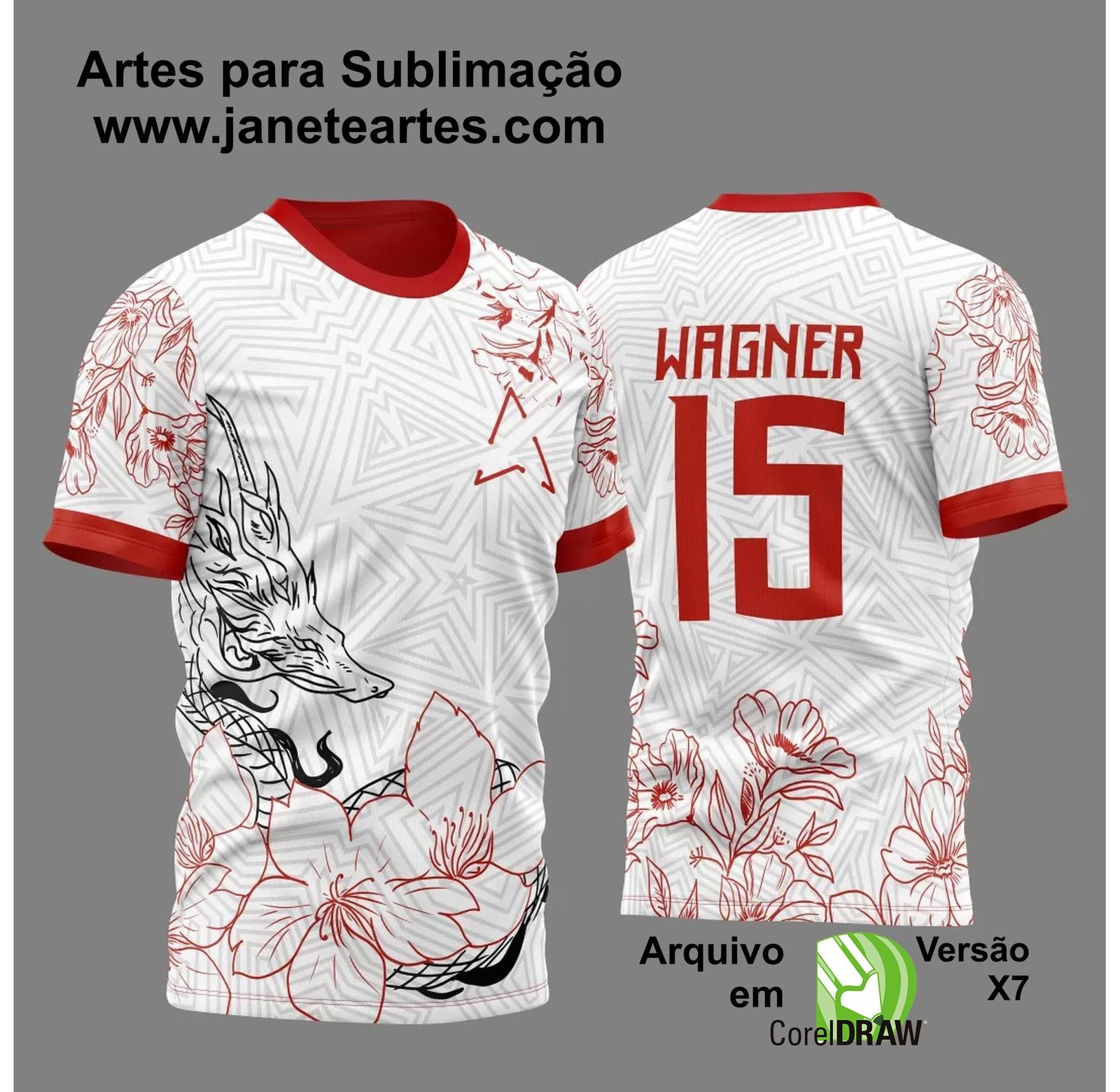 Arte Vetor Camisa Para InterClasse Branca Dragão Poligonos e Flores 2023 - Janete Artes