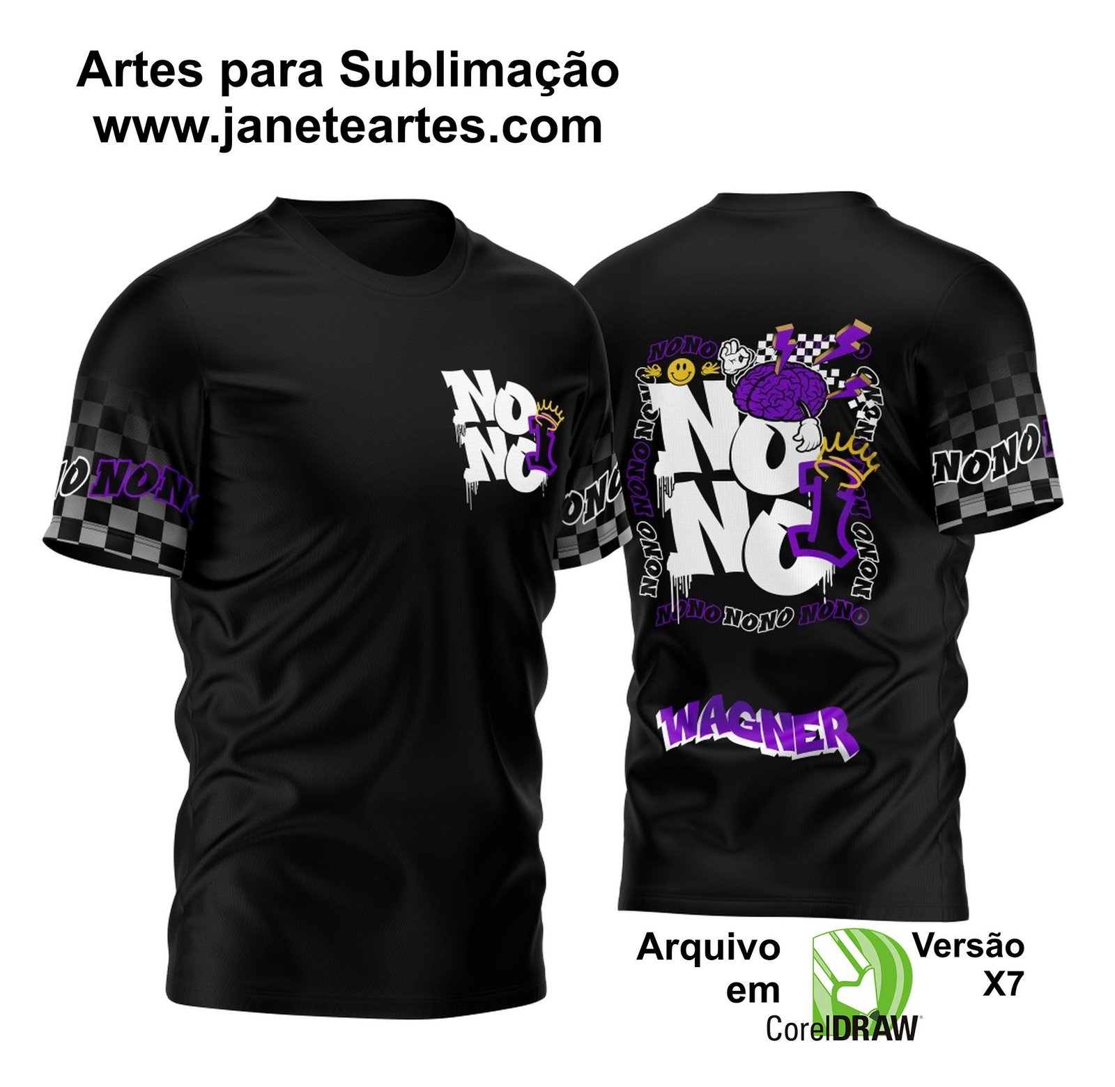 Estampa temática de formandos com design em preto, branco e roxo, destacando o termo NONO. Incorpora um padrão xadrez e elementos gráficos criativos, como ícones divertidos. Perfeita para celebrações de formatura do nono ano.