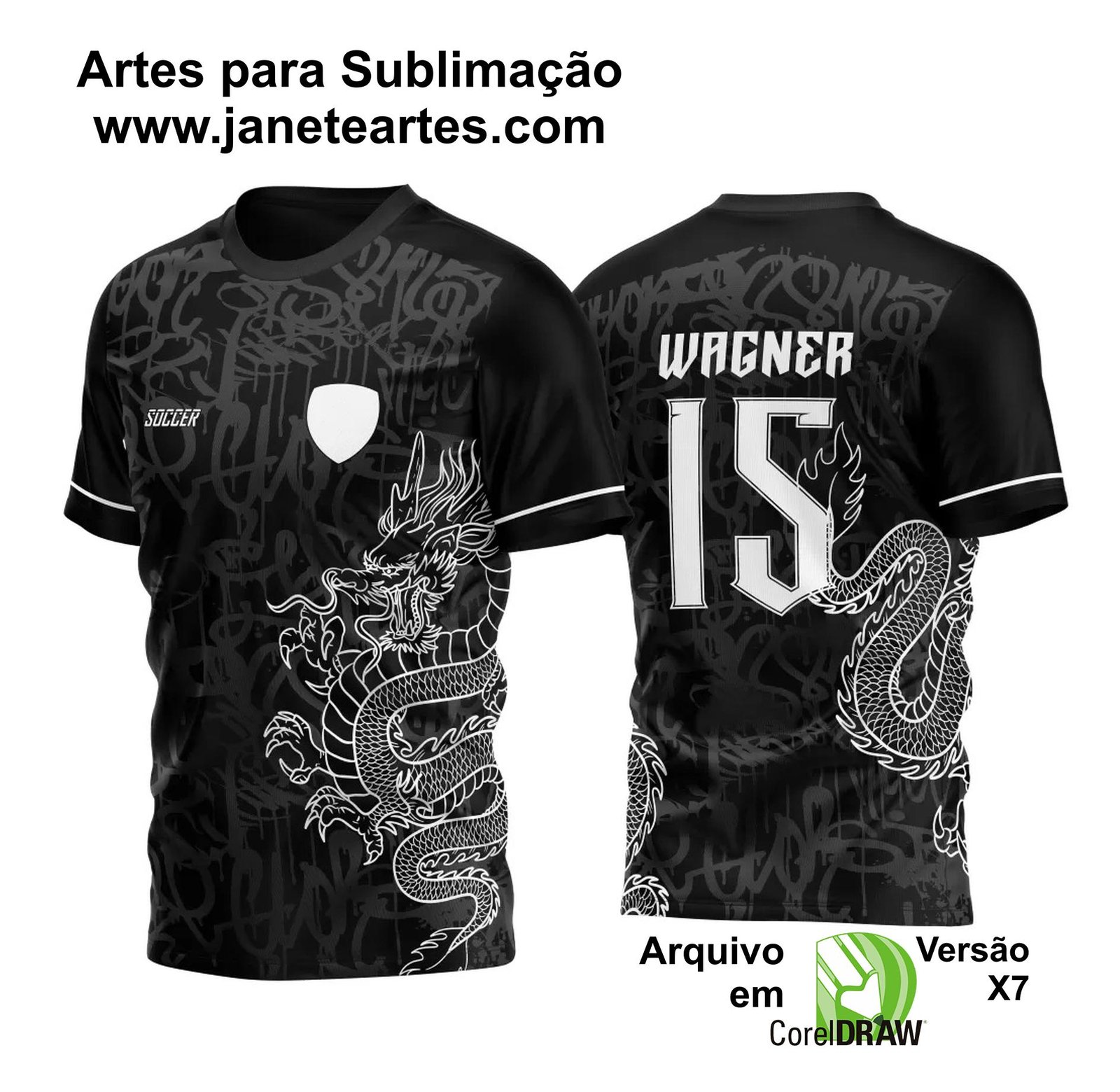Arte Vetor Camisa InterClasse Dragão 2023. Estampa de camisa de interclasse em preto, destacando um dragão oriental e o número 10. Design moderno com texturas escuras e linhas vibrantes, ideal para times de futebol escolar.