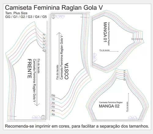 Molde de Costura Para Imprimir Camiseta - 11 - Baby Look Raglan Feminina Gola V Manga Curta (GG ao G5)