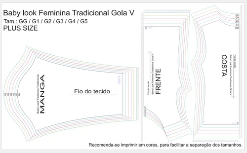 Molde de Costura Para Imprimir Camiseta - 16 - Baby Look Tradicional Gola V Manga Longa (GG ao G5) ok Molde de Costura Para Imprimir Camiseta - 16 - Baby Look Tradicional Gola V Manga Longa (GG ao G5) ok