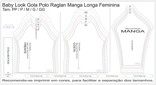 Molde de Costura Para Imprimir Camiseta - 18 - Baby look Gola Polo Raglan Manga Longa (PP - GG) Molde de Costura Para Imprimir Camiseta - 18 - Baby look Gola Polo Raglan Manga Longa (PP - GG)
