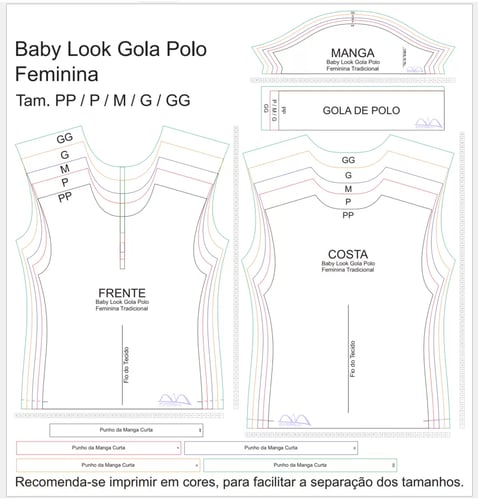 Molde de Costura Para Imprimir Camiseta - 19 - Baby look Gola Polo Tradicional (PP ao GG) Molde de Costura Para Imprimir Camiseta - 19 - Baby look Gola Polo Tradicional (PP ao GG)