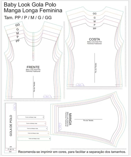 Molde de Costura Para Imprimir Camiseta - 20 - Baby look Gola Polo Tradicional Manga Longa (PP ao GG) Molde de Costura Para Imprimir Camiseta - 20 - Baby look Gola Polo Tradicional Manga Longa (PP ao GG)