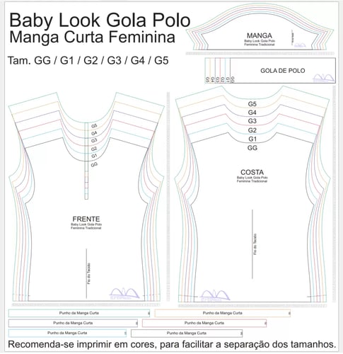 Molde de Costura Para Imprimir Camiseta - 23 - Baby look Gola Polo Tradicional (GG ao G5)