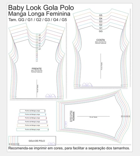 Molde de Costura Para Imprimir Camiseta - 24 - Baby look Gola Polo Tradicional Manga Longa (GG ao G5) Molde de Costura Para Imprimir Camiseta - 24 - Baby look Gola Polo Tradicional Manga Longa (GG ao G5)