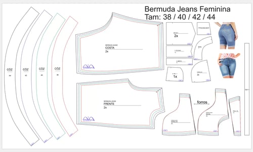 Molde de Costura Para Imprimir Camiseta - 25 - Bermuda Jeans Feminina (38 a 44)