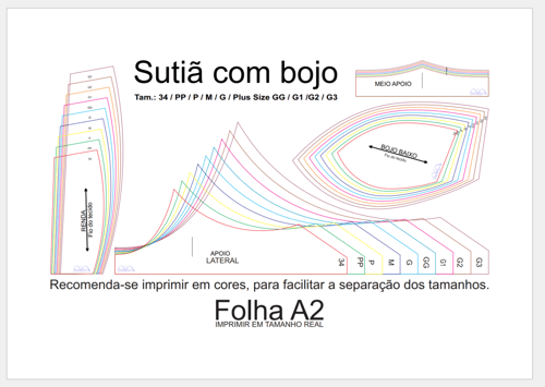 Molde de Costura Para Imprimir Camiseta - 68 - Sutiã com bojo (34-PP ao G3 Plus Size)