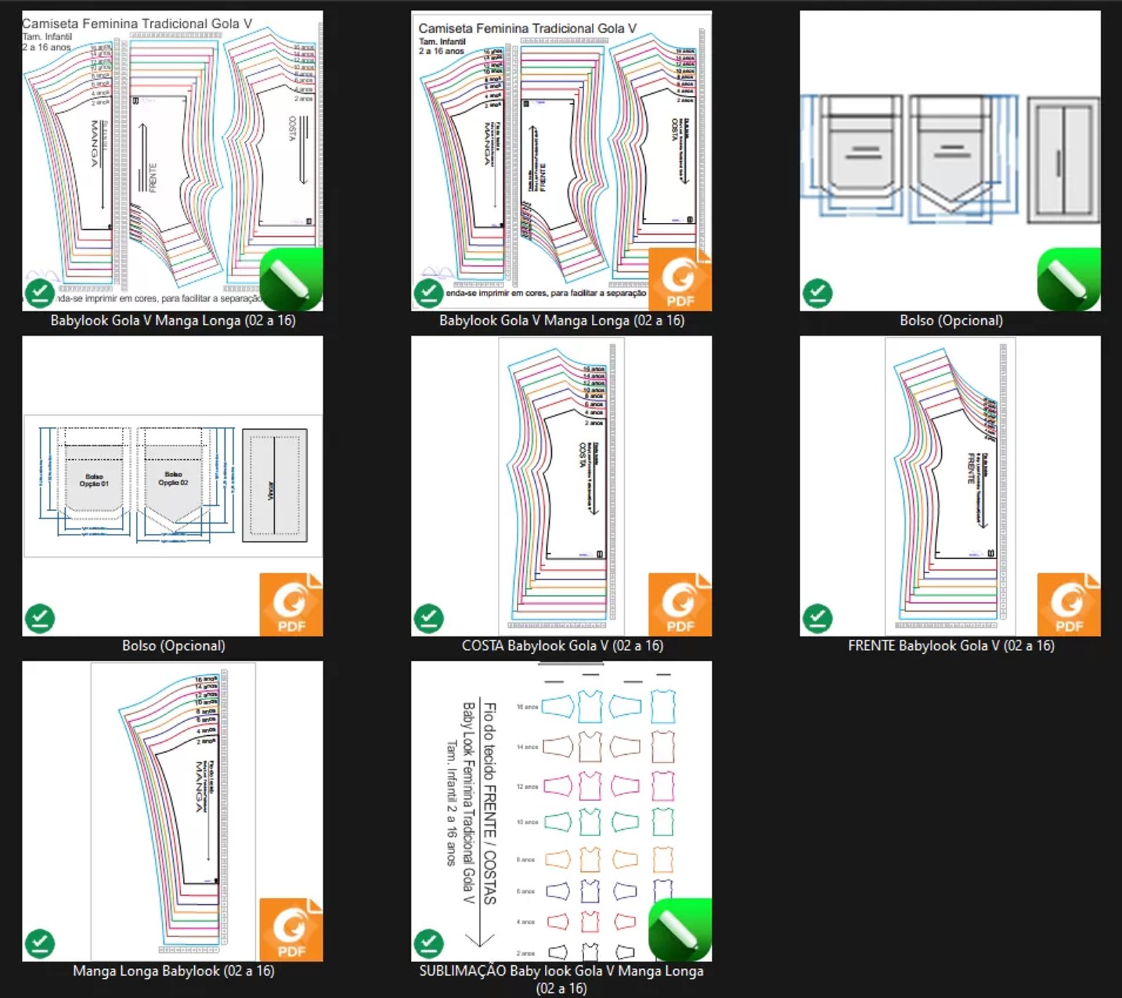 Molde de Costura Para Imprimir Camiseta Infantil - 10 - Baby Look Tradicional Gola V Manga Longa ( 02 a 16 anos )