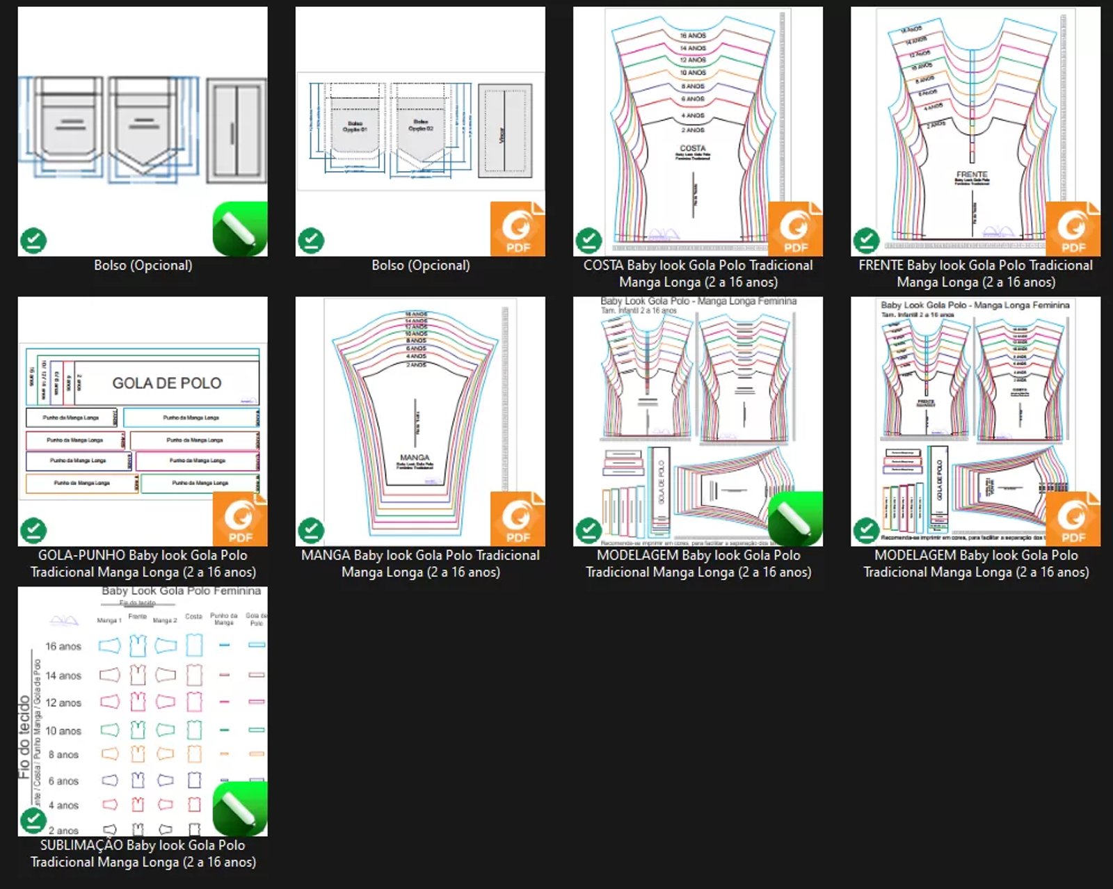 Molde de Costura Para Imprimir Camiseta Infantil - 15 - Baby look Gola Polo Tradicional Manga Longa (2 a 16 anos)