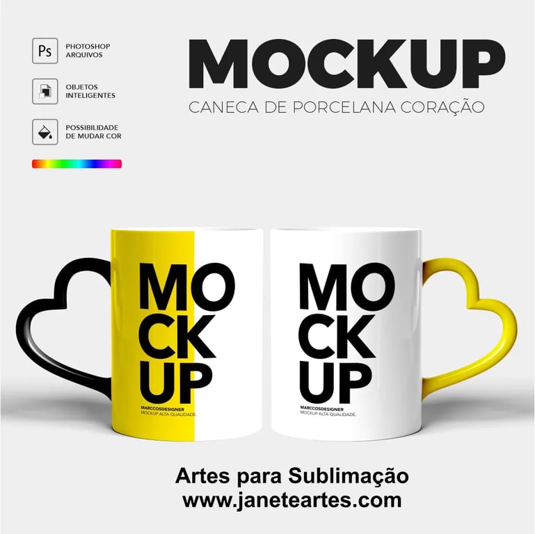 Mockup Caneca com Alça de Coração