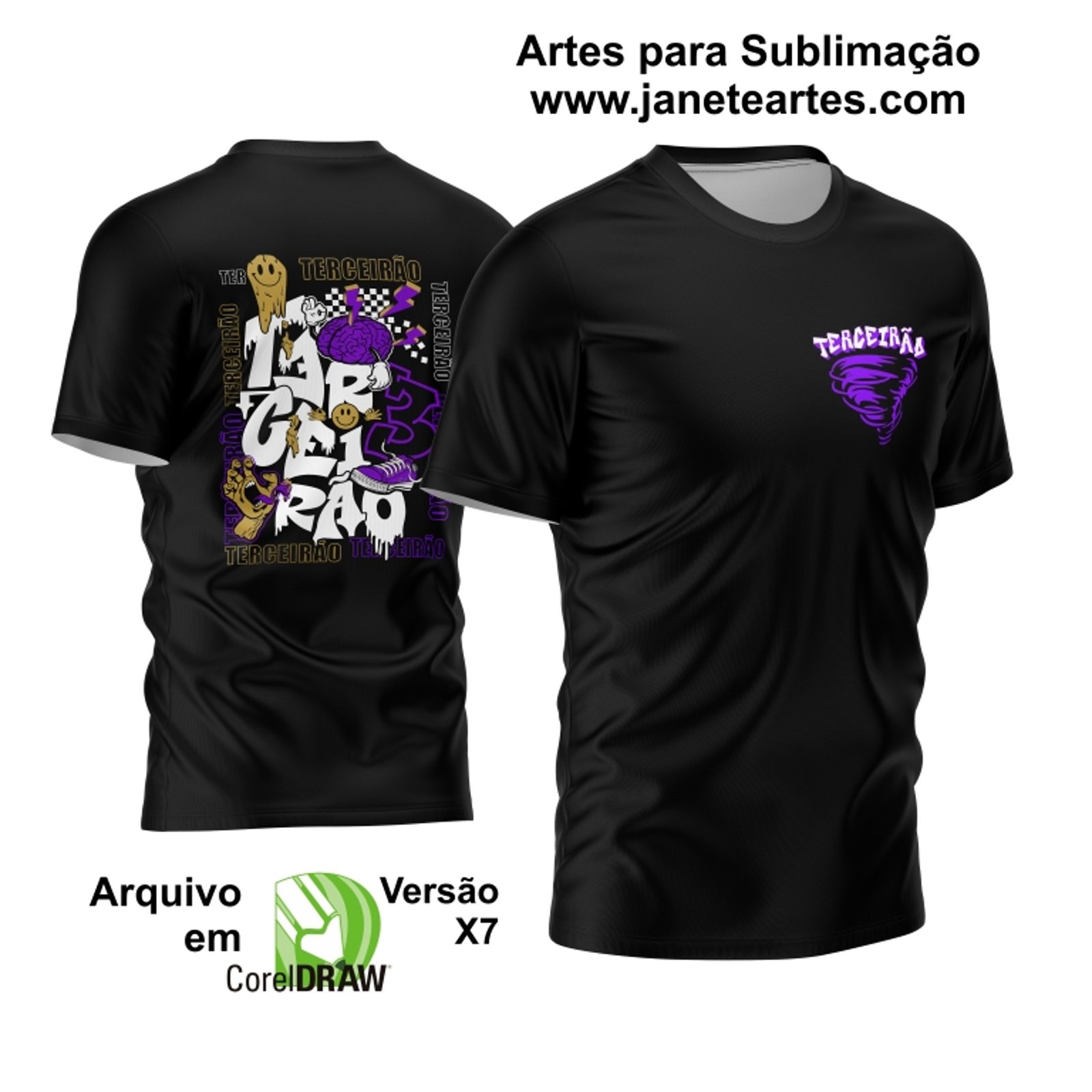 A imagem apresenta a Arte Camisa Terceirão 2023 Furacão no Peito, com um furacão estilizado em vermelho e branco no centro do peito de uma camisa preta. Ao fundo, uma multidão de estudantes comemorando a formatura.