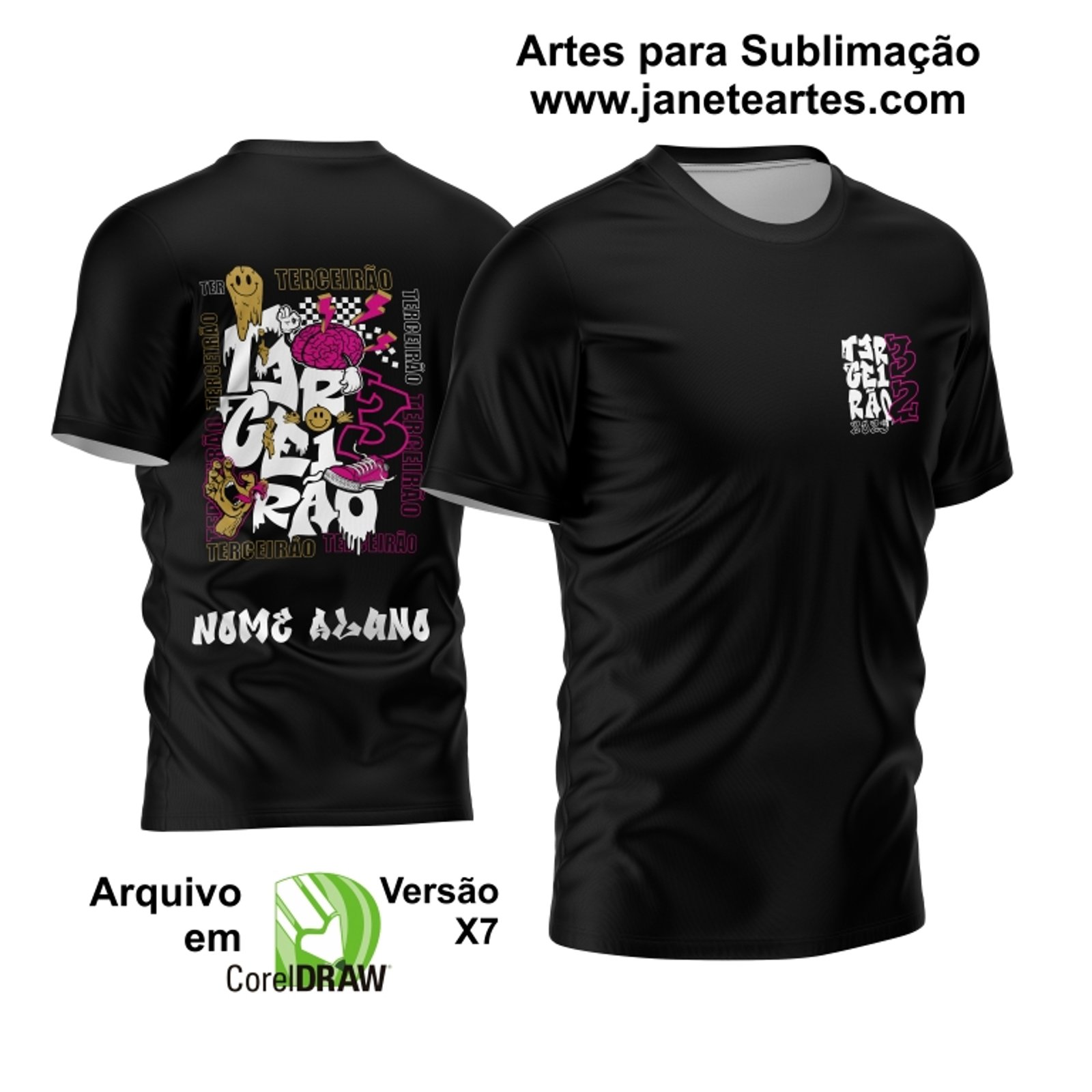A imagem apresenta a Arte Camisa Terceirão 2023 Grafite Elementos, com uma composição de elementos gráficos em tons de cinza e preto, destacando o ano da formatura.