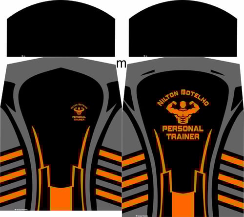 Arte de camisa para Personal Trainer nas cores preta e laranja. Esta imagem é uma arte criada no software Corel Draw, apresentando detalhes de linhas largas na cintura e áreas cinzas ascendentes. As cores predominantes são preto, laranja e cinza.