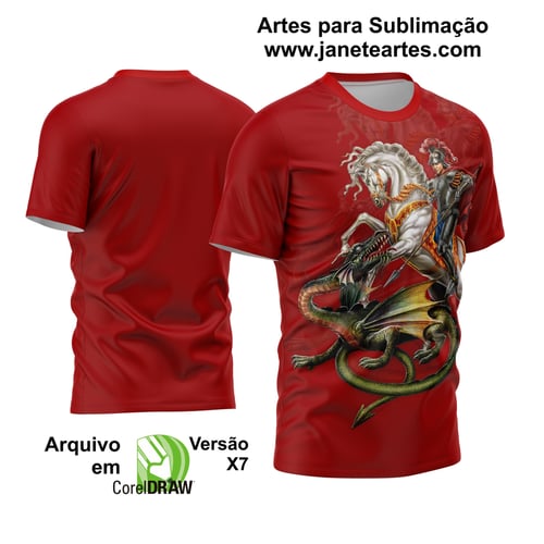 A imagem apresenta a Arte Camisa São Jorge Vermelha, com a figura de São Jorge em destaque, segurando uma espada e um escudo, em um fundo vermelho vibrante.