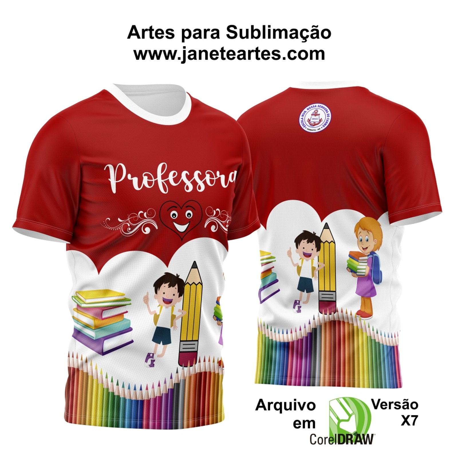 A imagem apresenta a Arte Camisa Professora | Crianças | Lápis | Vermelha, com a figura de uma professora rodeada por crianças, segurando um lápis vermelho, em um fundo branco.