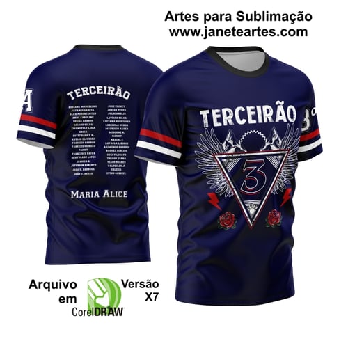  A imagem mostra uma arte personalizada para camisas de terceirão com montanhas, flores e asas em um design exclusivo. A arte é colorida e tem um aspecto moderno e jovem.