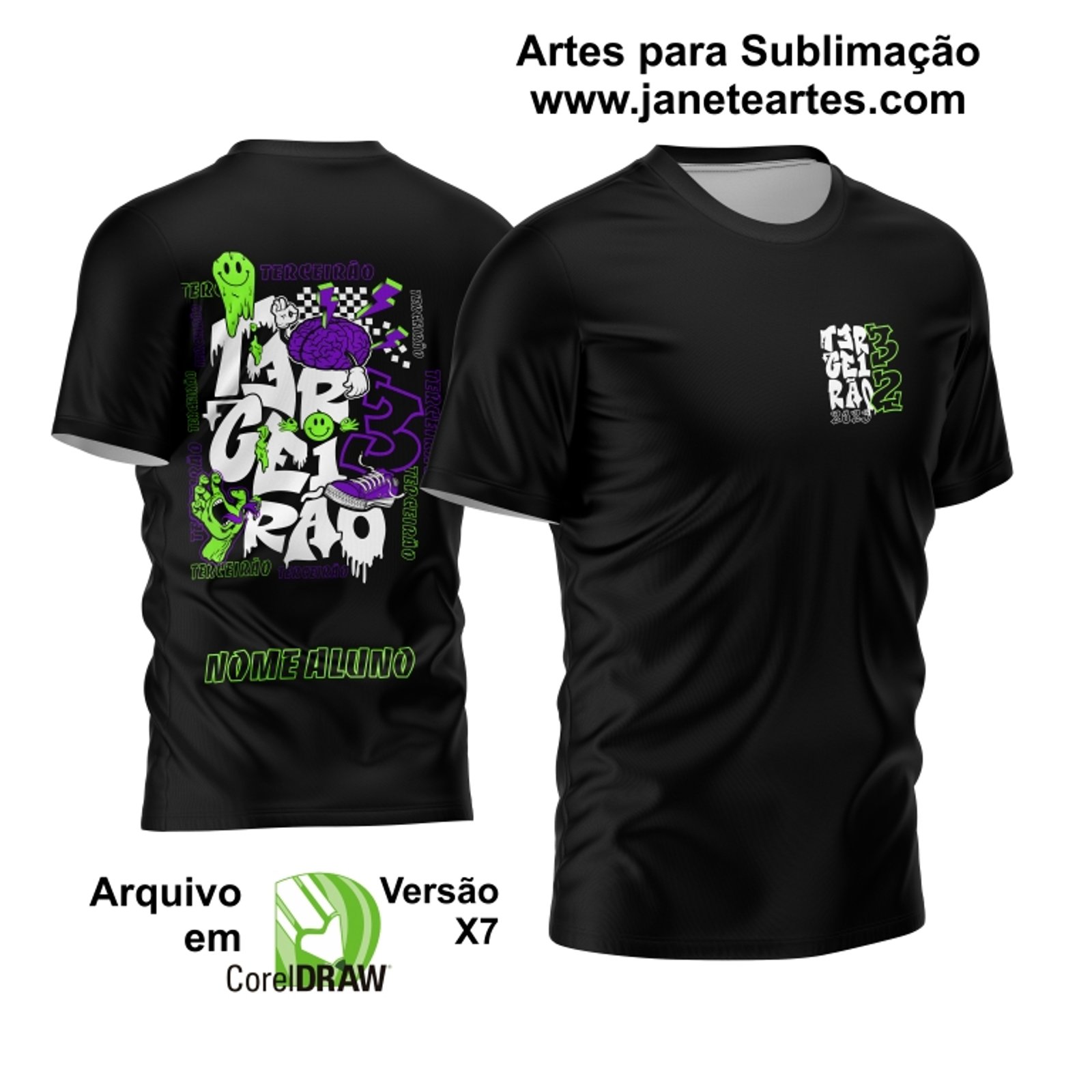 Essa imagem tem os elementos de cerebro, madeira, raios, xadrez, número 3, essa imagem representa a estampa para uma camisa ou para ser usada em produtos personalizados.