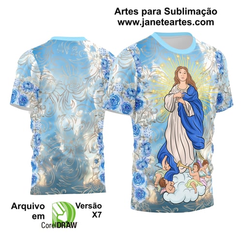 A imagem apresenta a arte digital personalizada Camisa Nossa Senhora Imaculada Conceição Sublimação em alta qualidade. A arte apresenta um design exclusivo com elementos gráficos religiosos e a inscrição Nossa Senhora Imaculada Conceição Vetor Desenho
