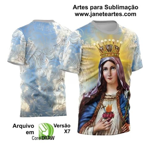 A imagem apresenta a arte digital personalizada Sagrado Coração de Maria Arte Camisa Sublimação em alta qualidade. A arte apresenta um design exclusivo com elementos gráficos religiosos e a inscrição Sagrado Coração de Maria
